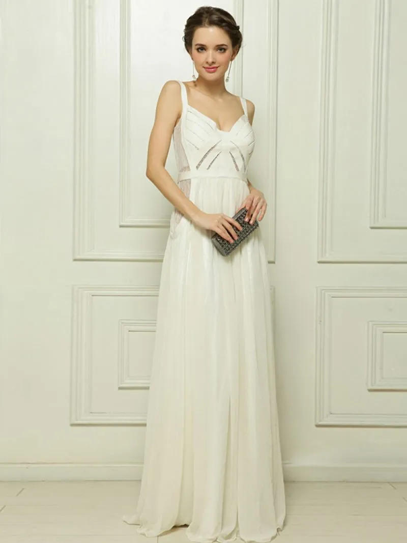 ---Very simple white evening dress with straps, V neckline and long chiffon skirt--