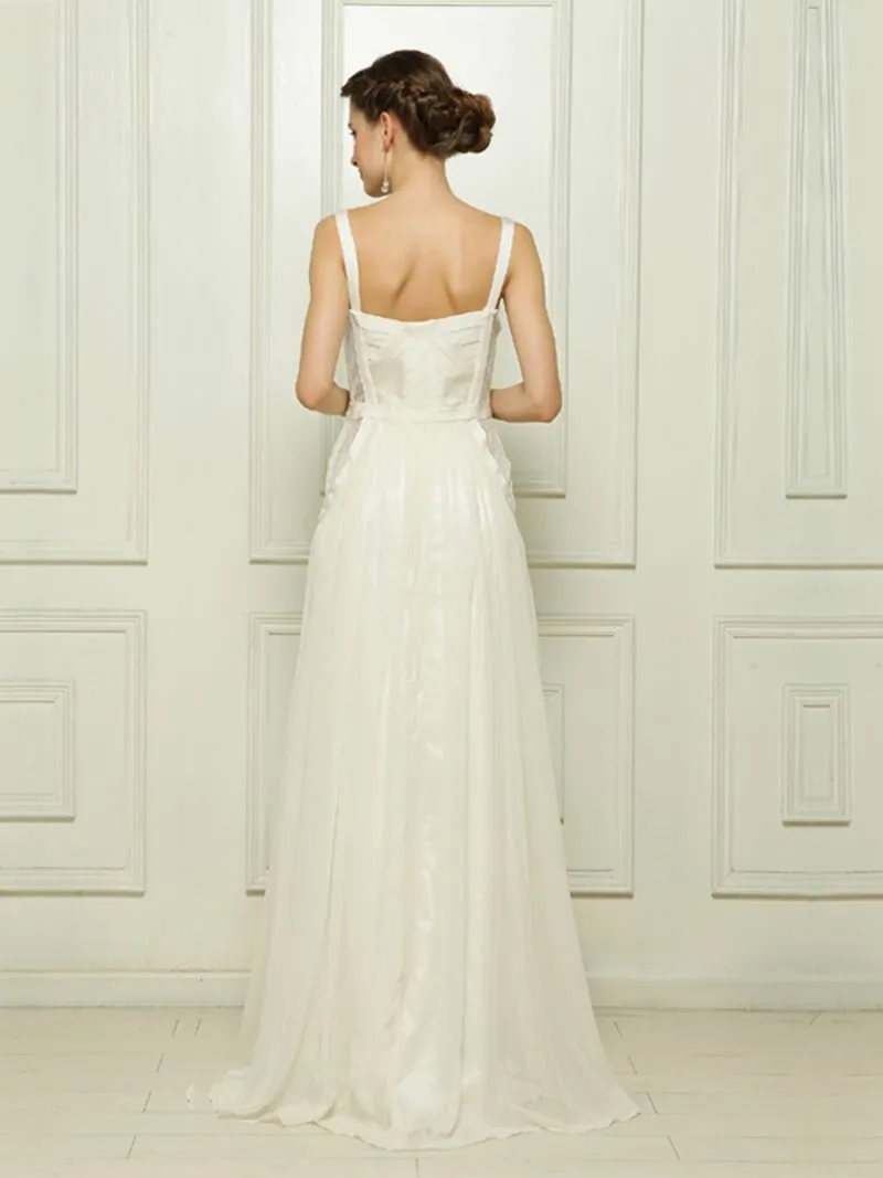 ---Very simple white evening dress with straps, V neckline and long chiffon skirt--