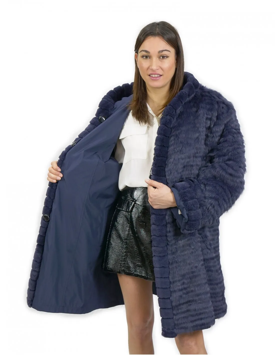 60 Pelliccia Rex cappotto reversibile lato piumino e lato pelliccia colore blu con cappuccio 