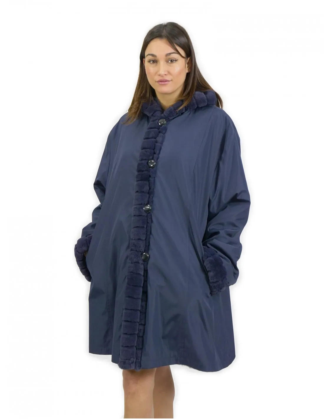 60 Pelliccia Rex cappotto reversibile lato piumino e lato pelliccia colore blu con cappuccio 