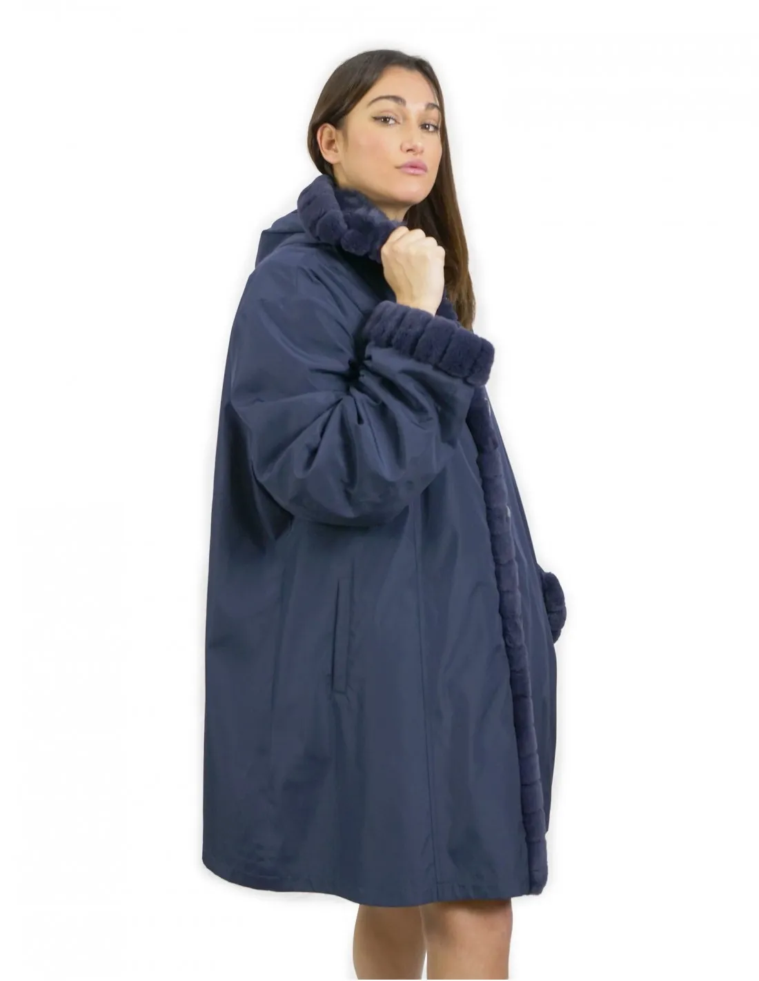 60 Pelliccia Rex cappotto reversibile lato piumino e lato pelliccia colore blu con cappuccio 