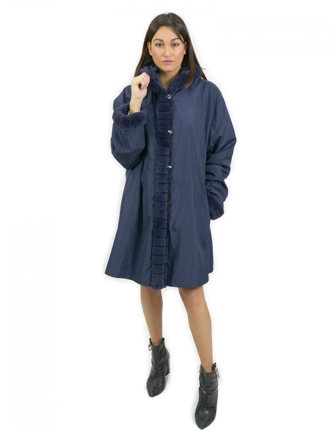 60 Pelliccia Rex cappotto reversibile lato piumino e lato pelliccia colore blu con cappuccio 