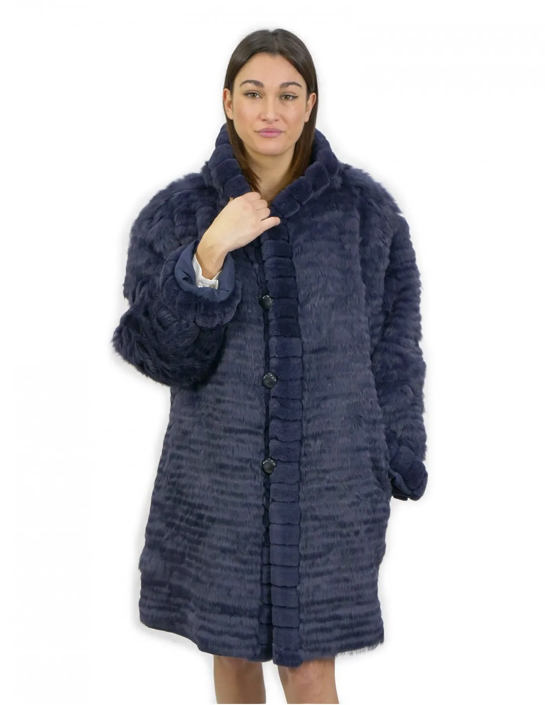 60 Pelliccia Rex cappotto reversibile lato piumino e lato pelliccia colore blu con cappuccio 