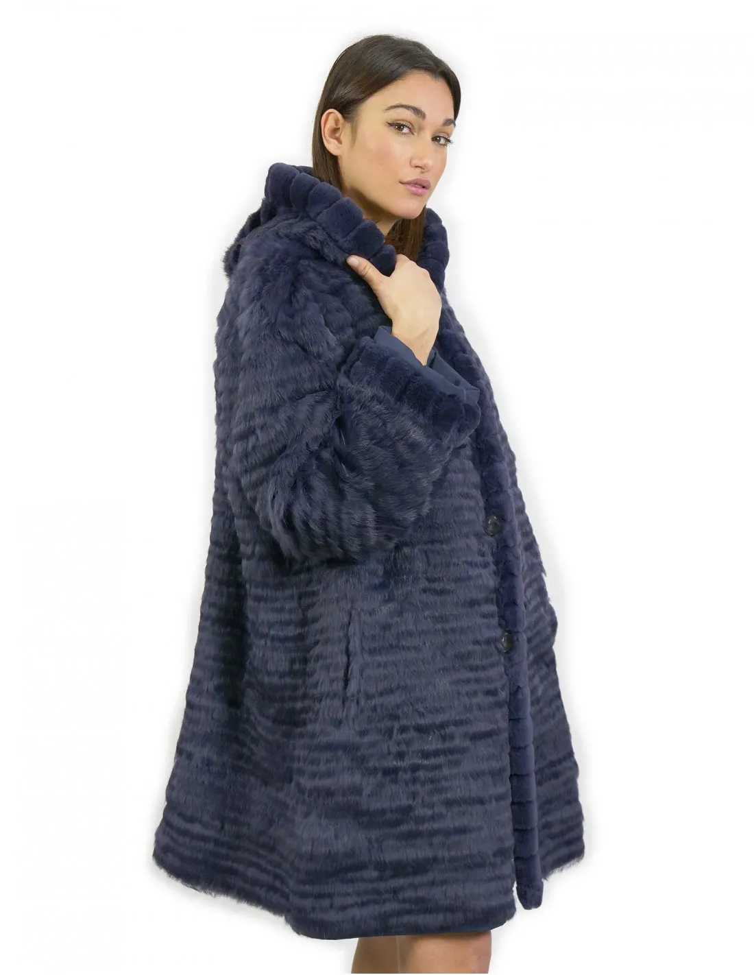 60 Pelliccia Rex cappotto reversibile lato piumino e lato pelliccia colore blu con cappuccio 