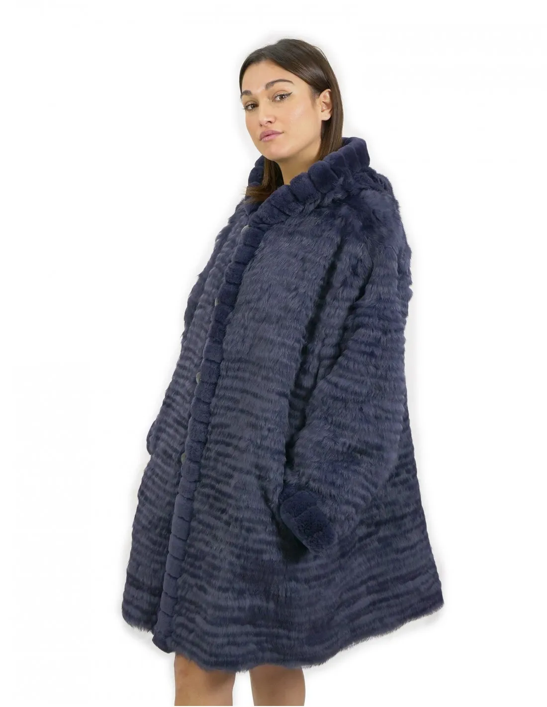 60 Pelliccia Rex cappotto reversibile lato piumino e lato pelliccia colore blu con cappuccio 