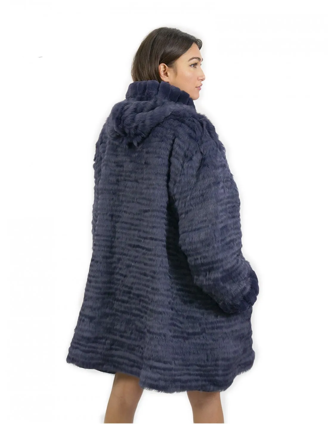 60 Pelliccia Rex cappotto reversibile lato piumino e lato pelliccia colore blu con cappuccio 