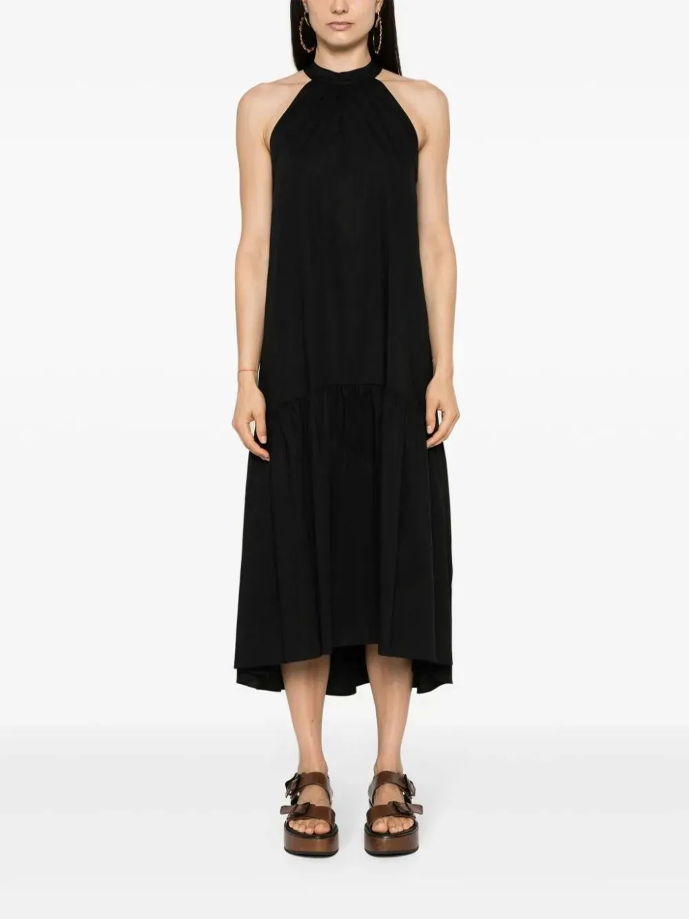 American-Neck Long Dress With Belt