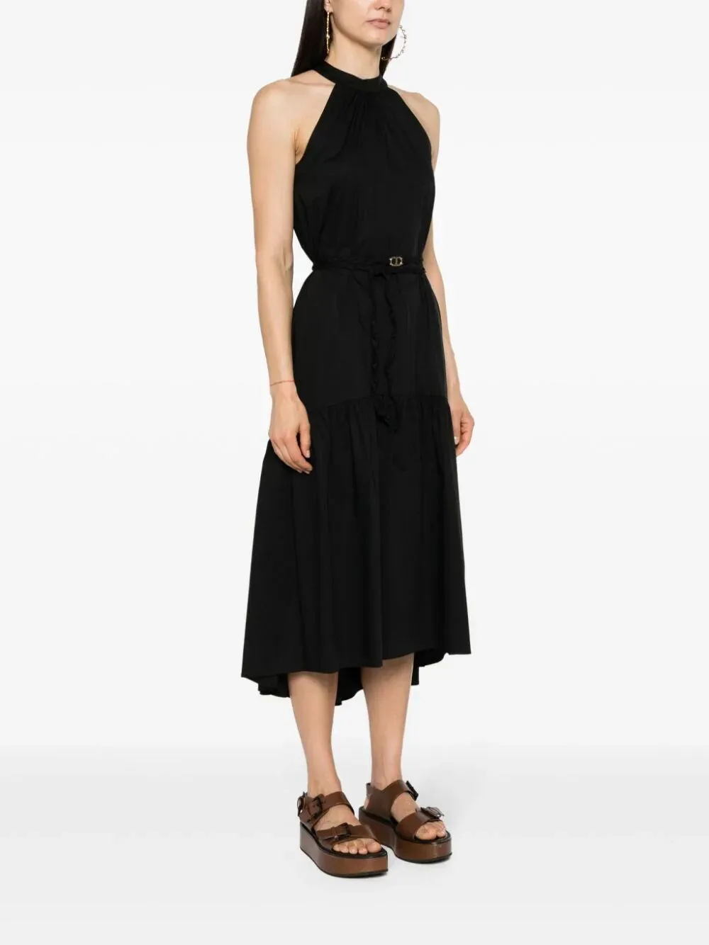 American-Neck Long Dress With Belt