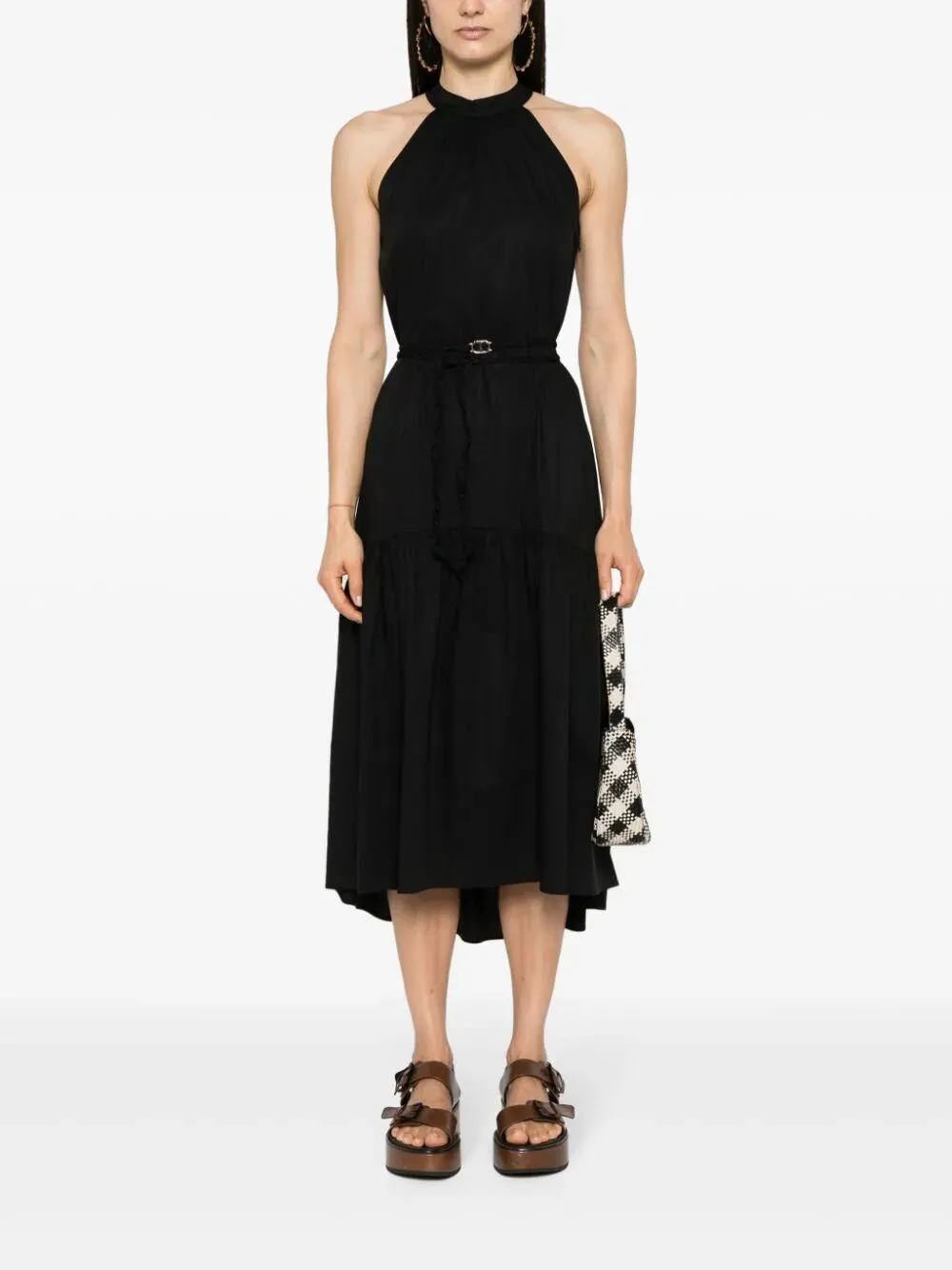 American-Neck Long Dress With Belt