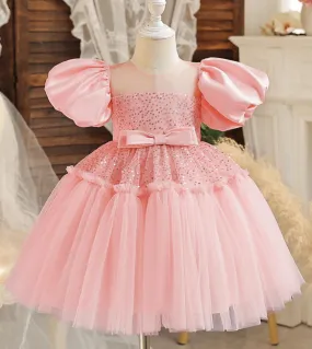 Baby Girl Birthday Bow Fluffy Dress 12m Infant Pink Paillettes Battesimo Tutu Abito Flower Girl Wedding Costume Kid Puff Sleeve