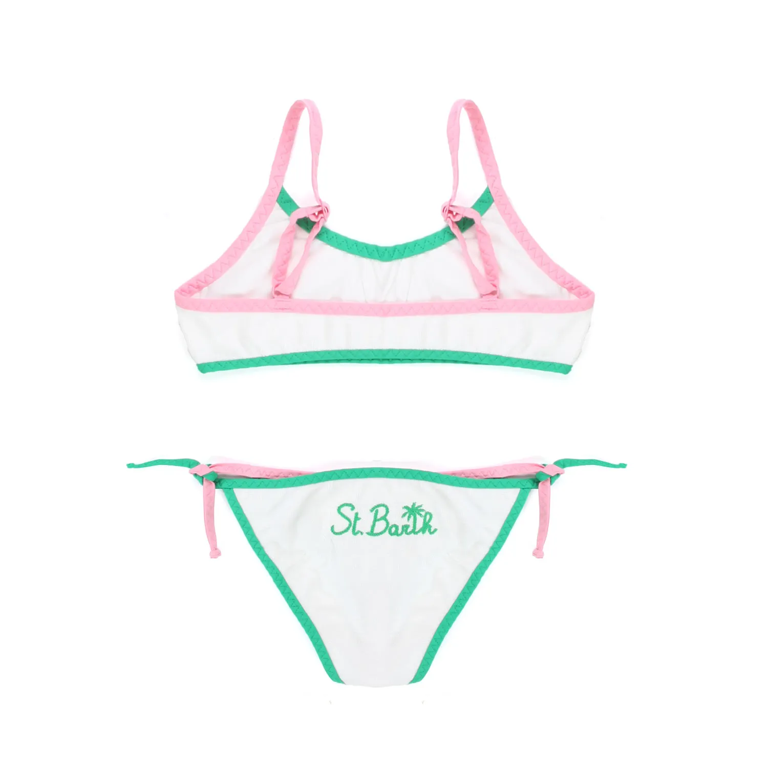 Bikini Bralette Bianco Con Orli Verdi E Rosa