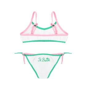 Bikini Bralette Bianco Con Orli Verdi E Rosa