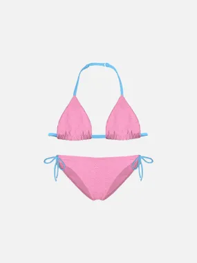 Bikini da bambina a triangolo rosa con piping