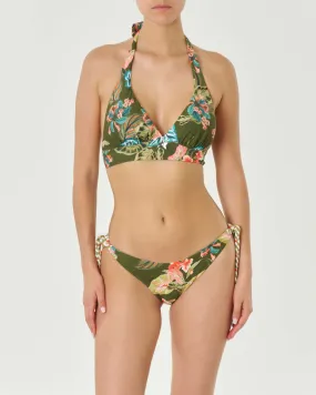 Bikini verde militare a fantasia tropicale con reggiseno a vela con fascia alta sottoseno e slip classico