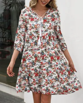 Casual Short Floral Dress Women Bohemian Casual Long Sleeve A Line Mini Dress Female Party Dress Spring Fall Dress Vesti