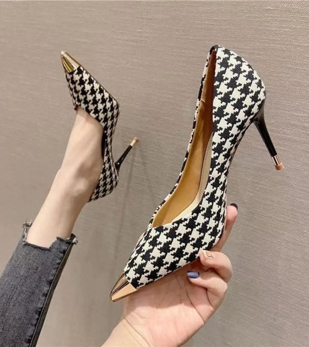 Comemore 2022 Pumps  Ladies High Heels Women Houndstooth Metal Pointed Toe Shoes With Elegant Heel Office Stiletto Sanda