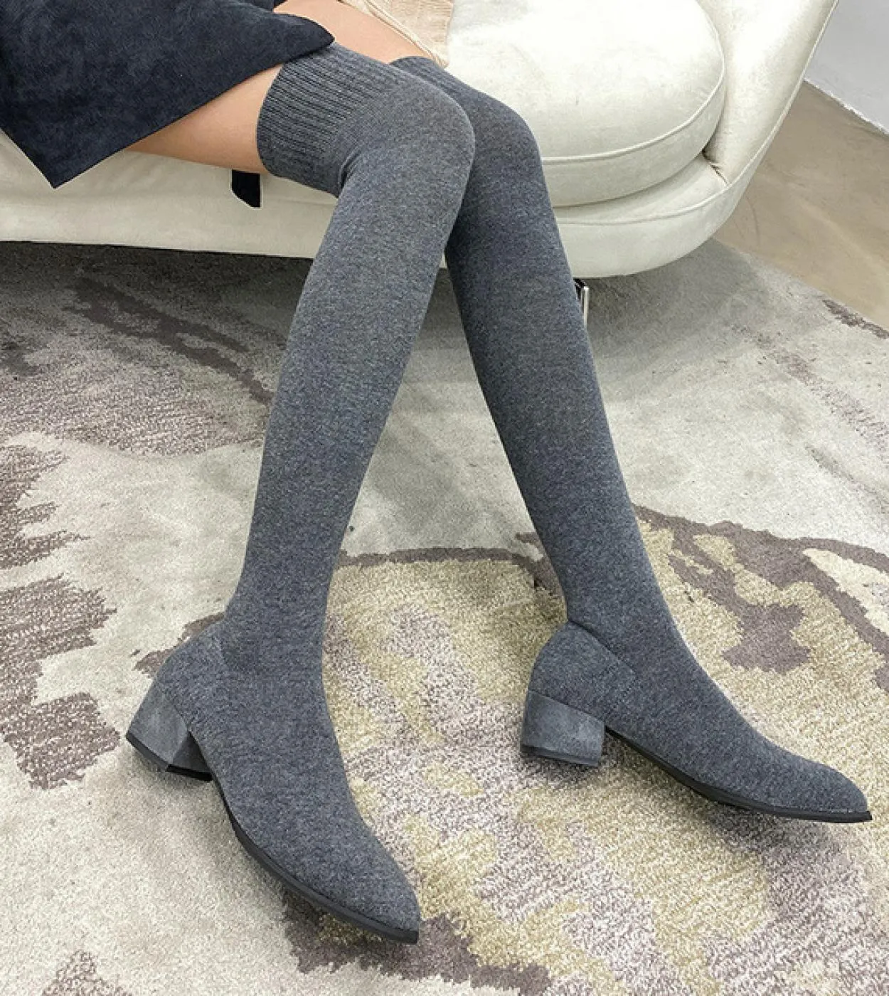 Comemore  Knee High Sock Boots Womens Spring Autumn Long Over Knee Boot Ladies Elastic Square Low Heels Woman Stretch S