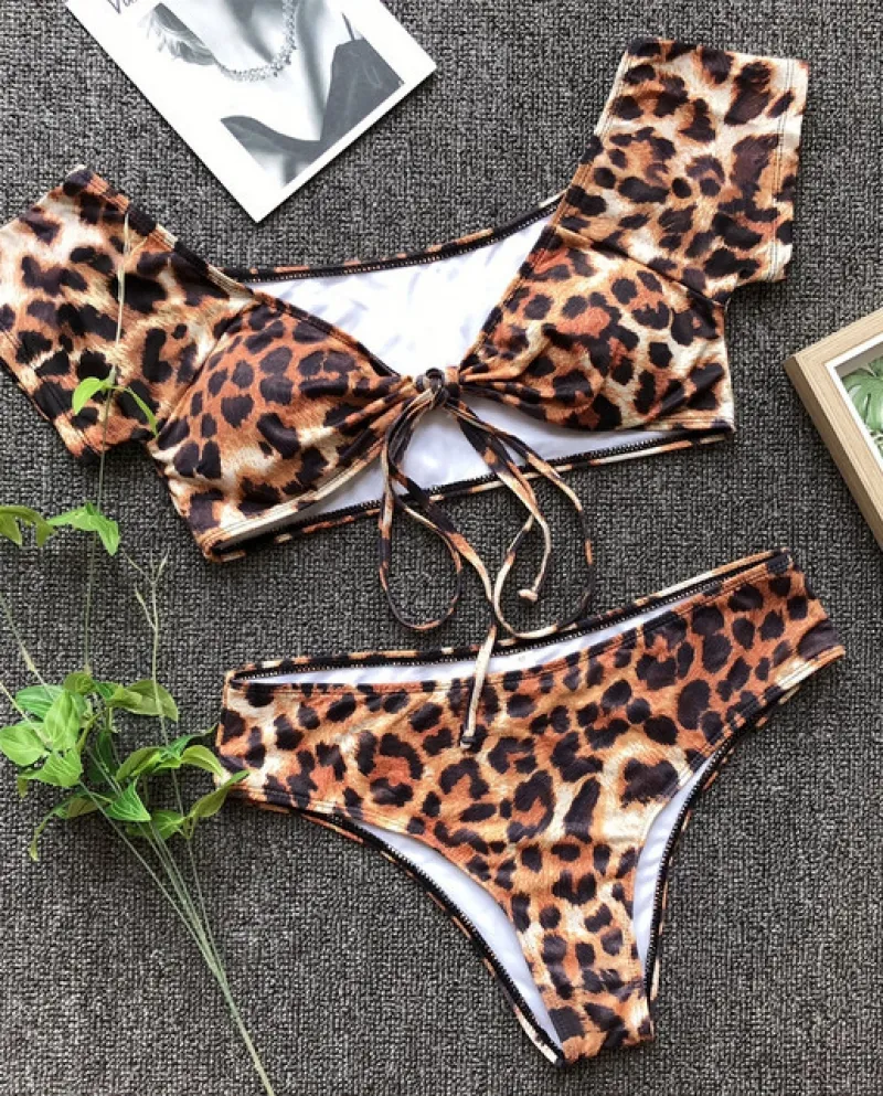 Costume da bagno bikini leopardato a vita alta a maniche corte Costume da bagno bikini da donna Costume da bagno femminile Bikin