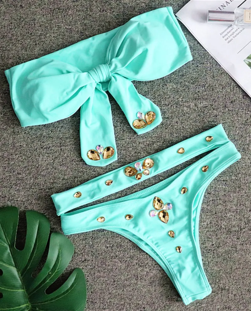 Costume da bagno bikini verde donna con fiocco a fascia a vita alta con diamanti in cristallo Costume da bagno bikini da spiaggi