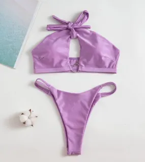 Costume da bagno color lilla 2023 Bikini a due pezzi a vita bassa da donna Scava fuori Costume da bagno con scollo allamericana