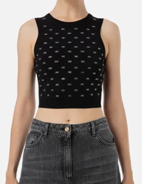 Crop Top in Maglia con Pattern Logo Nero