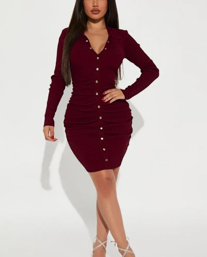 Elegant Women Autumn Winter Knitted V Neck Button Decor Mini Dress  Long Sleeve Solid Color Slim Pullovers Dresses