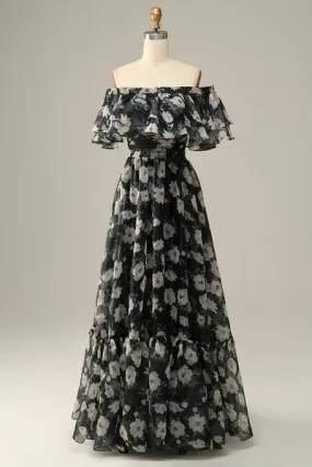 Fiore nero staccabile senza spalline fuori dalla spalla Prom Dress