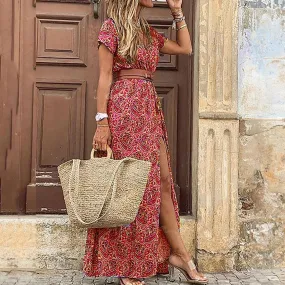 Free People Rio Maxisummer Abito lungo floreale Bohemian Scollo a V Cintura con fascia per donna