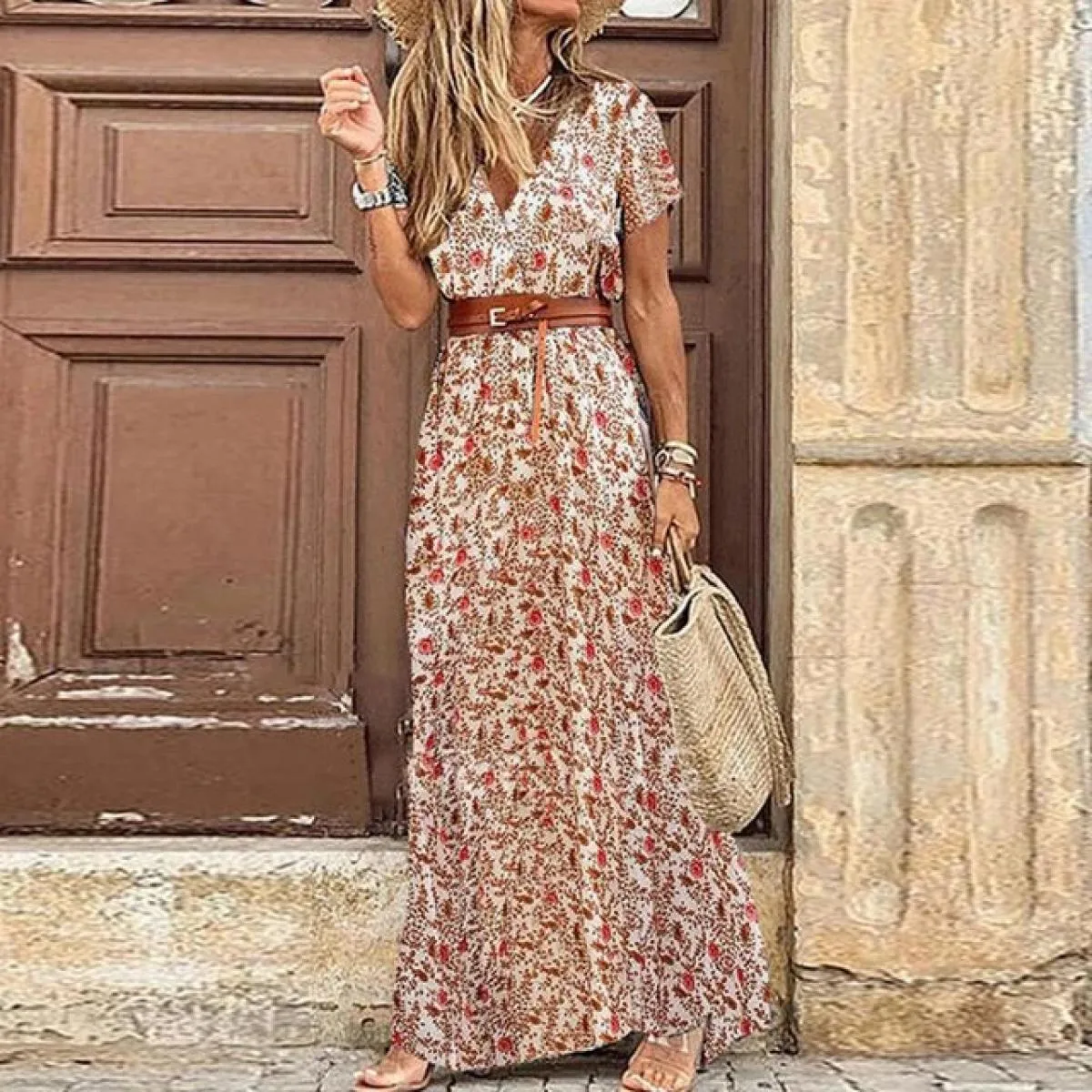 Free People Rio Maxisummer Abito lungo floreale Bohemian Scollo a V Cintura con fascia per donna