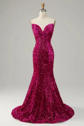 Fucsia Sweetheart Neck Abito da ballo a sirena con spazzatura