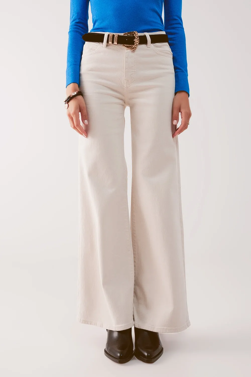 Jeans a fondo ampio in misto cotone beige