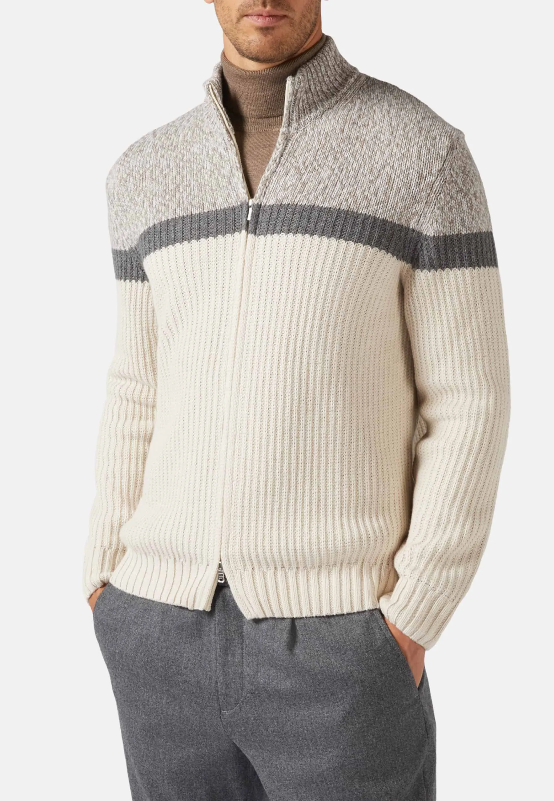 Maglia Full Zip Grigia-Panna In Misto Cashmere