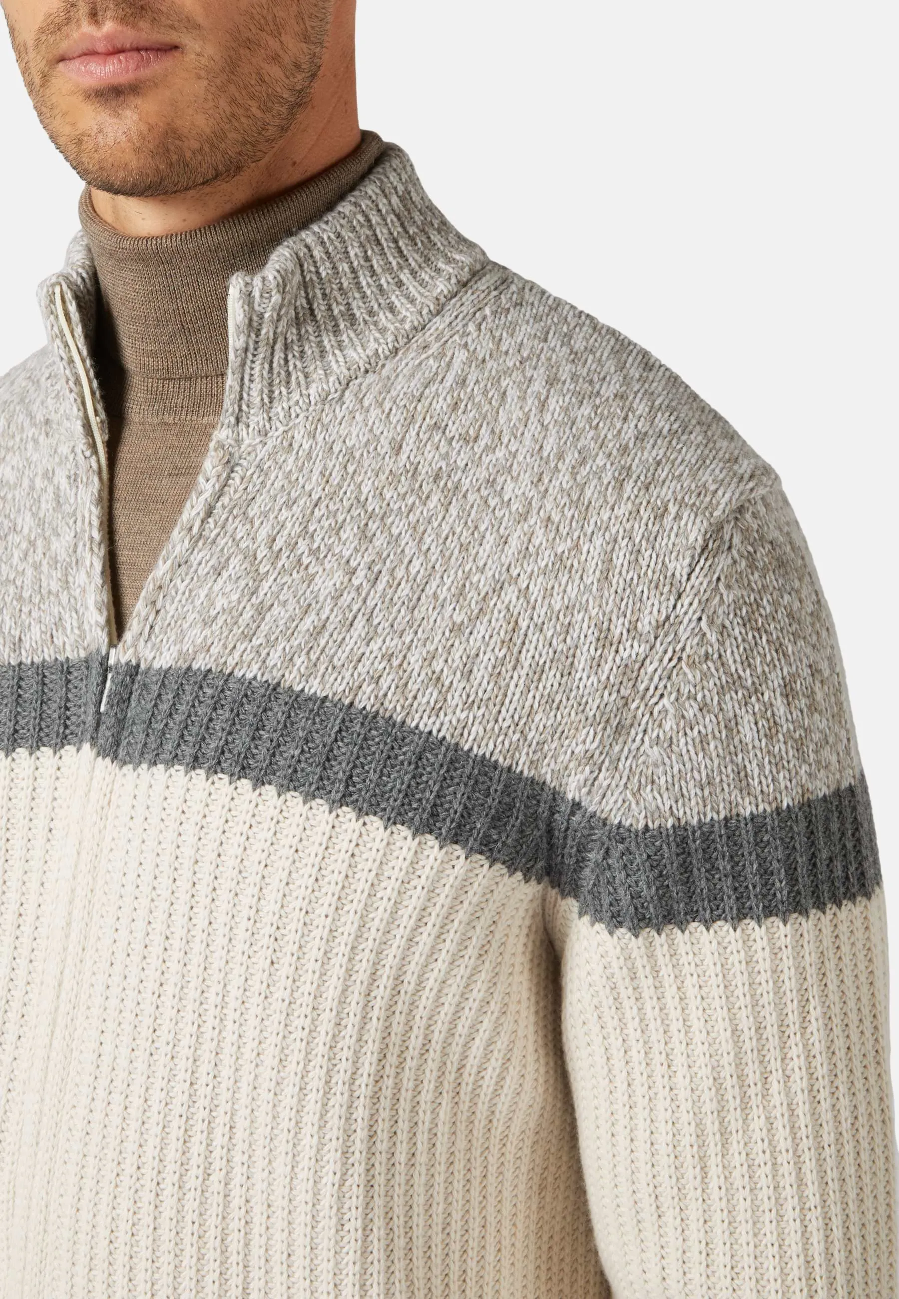 Maglia Full Zip Grigia-Panna In Misto Cashmere