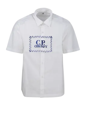 MEN CP COMPANY WHITE COTTON POPELINE LABEL STYLE LOGO SHIRT