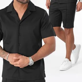 Set camicia nera a maniche corte e pantaloncini da jogging