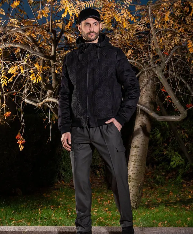 Stefano Ricci Piumino nero combinato in cashmere e suede con ricamo logato M7J3300200CO60HC