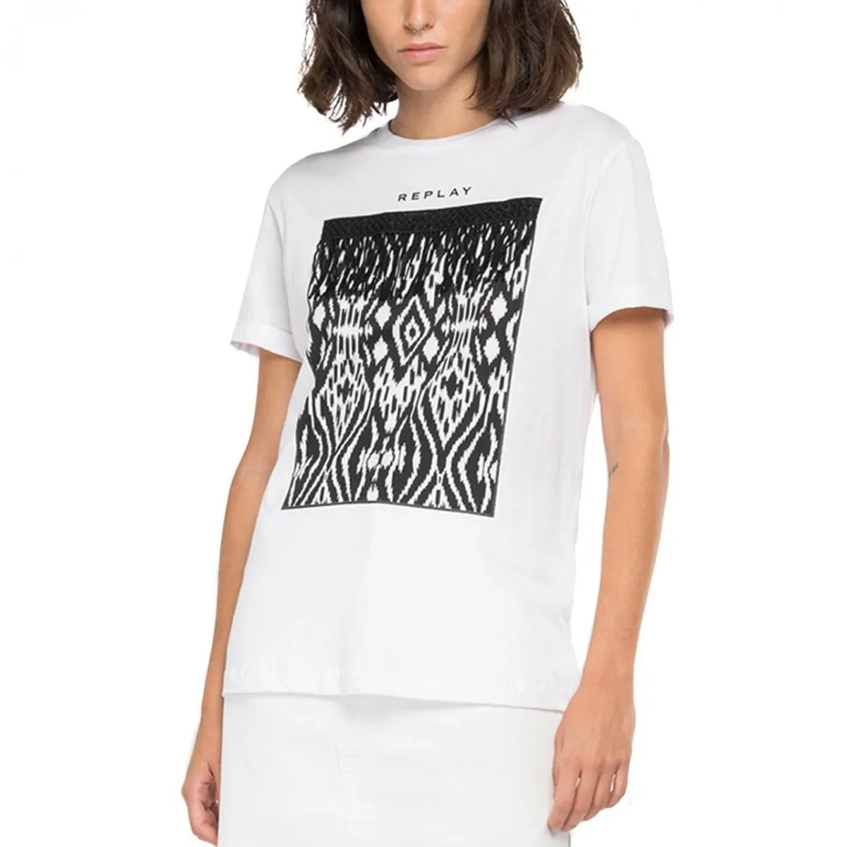 T-Shirt In Jersey Stampa Ikat, Bianco