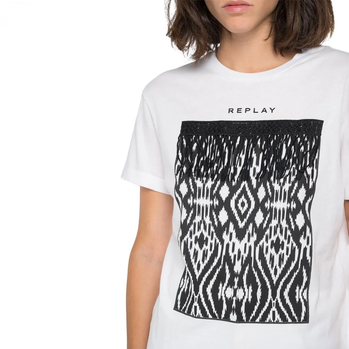 T-Shirt In Jersey Stampa Ikat, Bianco