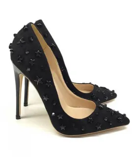 Tikicup Black Flock  Women Starry Rivets Pointed Toe Stiletto Pumps Ladies Chic High Heels Party Dress Shoes Plus Size 3